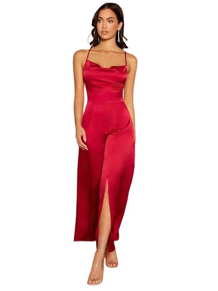 

cowl neck split hem crisscross backless satin cami jumpsuit h5ch#, Black;white