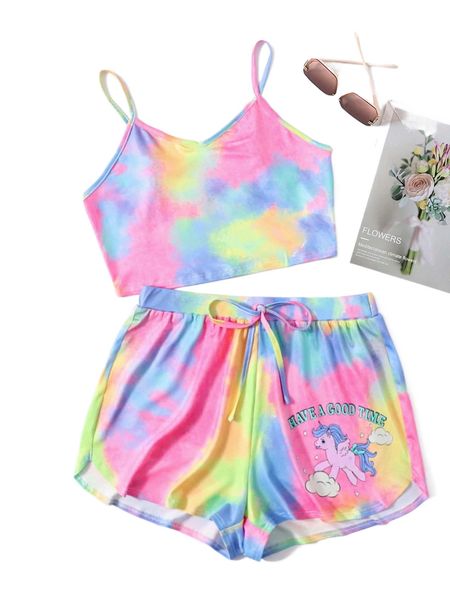 

plus tie dye cami & unicorn & slogan graphic shorts 95st#, Black