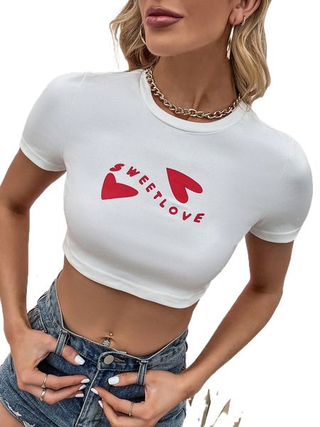 

letter & heart print crop tee 3105#, White