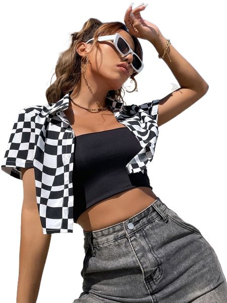 

checkered print crop blouse w53q#, White