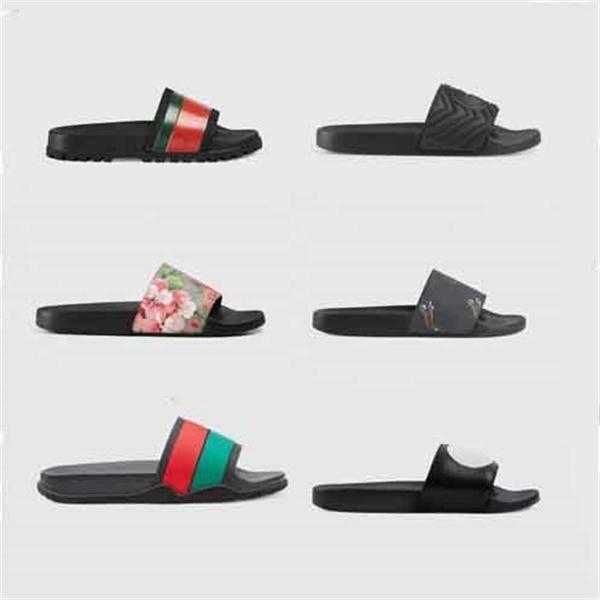 

2021 designer g rubber slide sandal floral brocade men slipper gear bottoms flip flops women striped beach causal slippers with box, Black