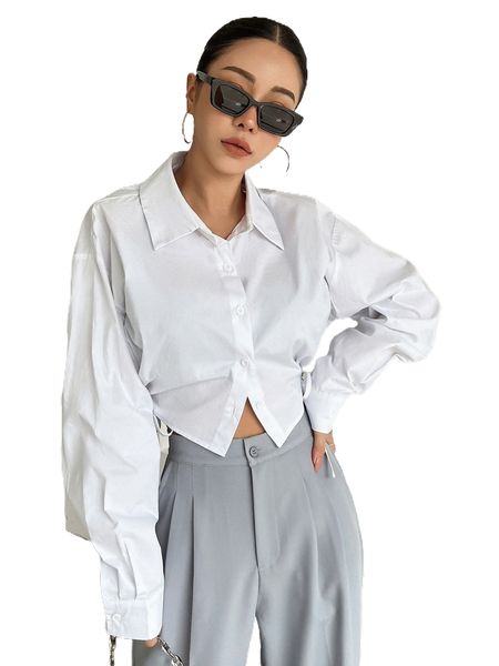 

dazy drawstring knot side drop shoulder shirt q41o#, White