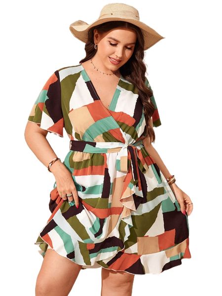 

plus colorblock ruffle trim dress h1e8#, Black