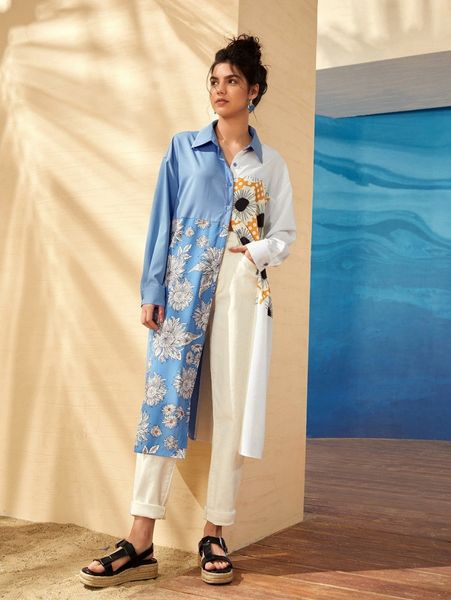 

drop shoulder floral print shirt dress 71d1#, Black;gray