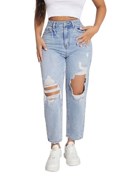 

petite high waist ripped mom fit jeans c3q1#, Blue
