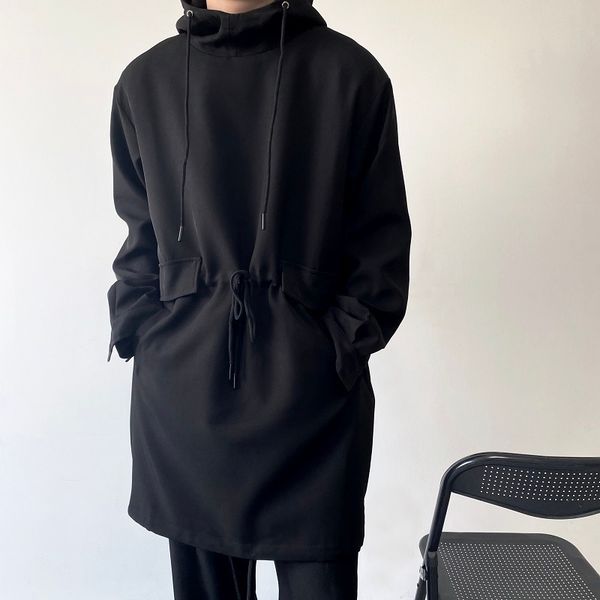 

men's trench coats men lace up long pullover hooded trench coat male women streetwear fashion punk gothic windbreaker hoodie jacket out, Tan;black