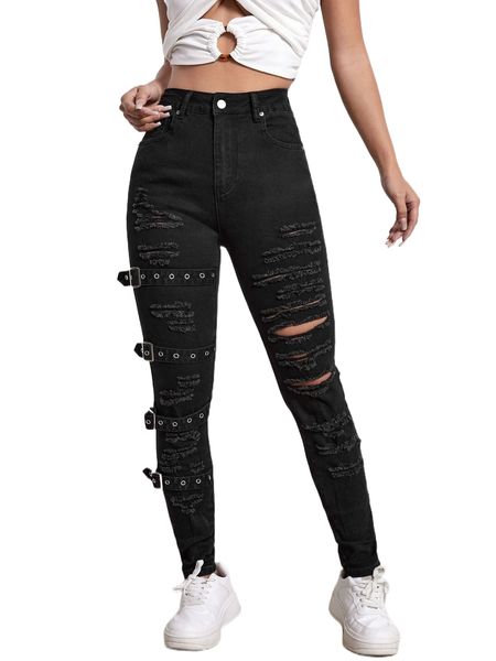 

ripped grommet eyelet buckled jeans q6a0#, Blue