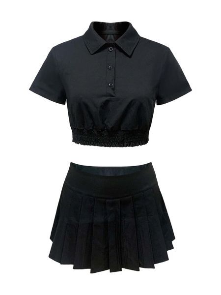 

polo neck shirred hem blouse & pleated skirt q5rq#, White