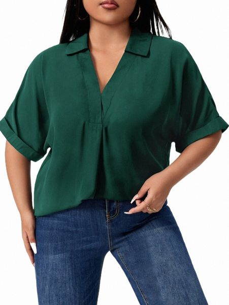 

plus solid button front popover blouse o3cz#, Black