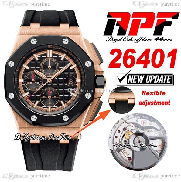 

apf 44mm 2640 a3126 automatic chronograph mens watch rose gold black ceramic bezel textured stick dial rubber super edition puretime (strap, Slivery;brown