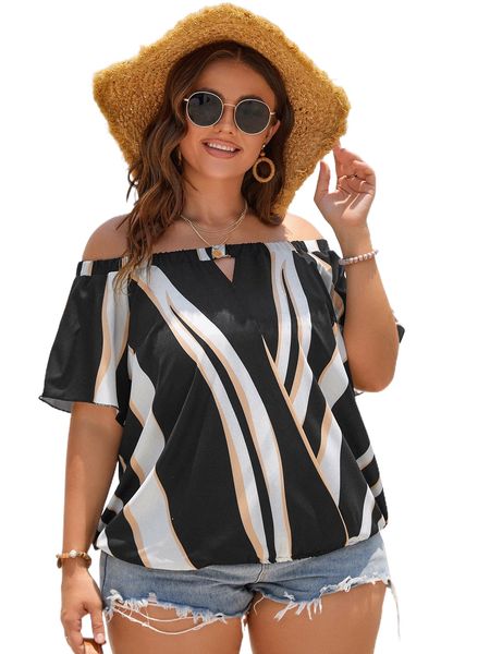 

plus striped off shoulder cut out blouse q09z#, Black