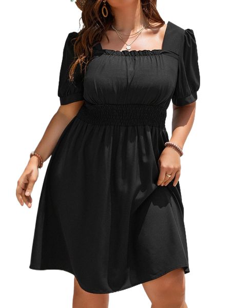 

plus square neck puff sleeve frilled shirred waist dress e1bd#, Black