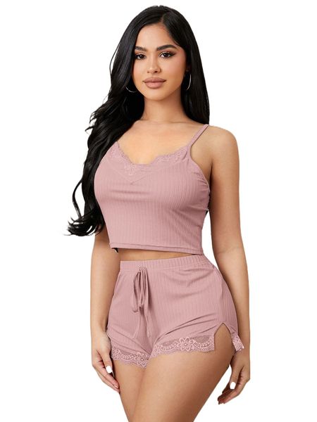

lace trim tie front pj set 01pt#, Black;red