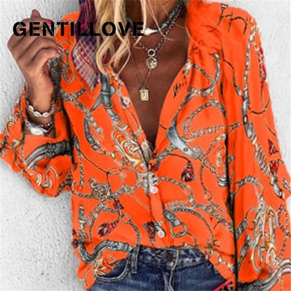

gentillove lady vintage blouse women spring summer chain print long sleeve loose shirt plus size 5xl single-breasted tunic 210308, White