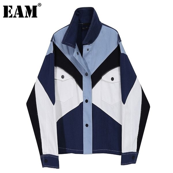 

eam loose fit blue conrtast color big size denim jacket lapel long sleeve women coat fashion spring autumn 1db903 201023, Black;brown