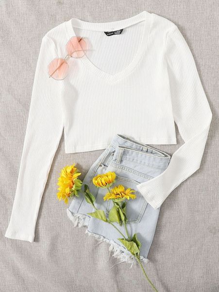 

v neck rib-knit crop q0ol#, White