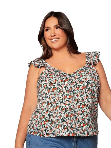 

plus ditsy floral print ruffle trim blouse m7km#, Black