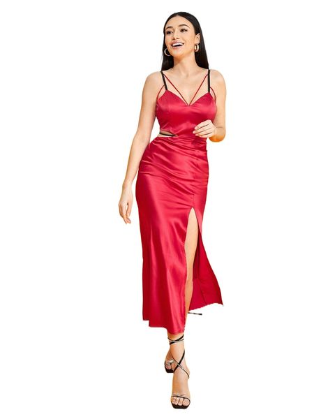 

x kat split thigh cutout satin cami dress c22v#, Black;gray