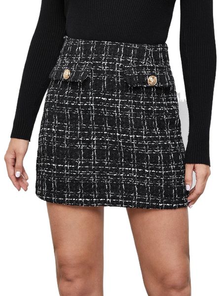 

high waist plaid tweed skirt b1ne#, Black