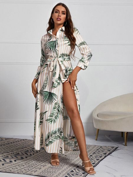 

stripe & tropical print belted shirt dress j391#, Black;gray