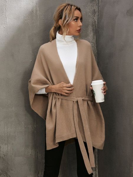 

solid belted wrap cape cardigan k4qa#, White;black