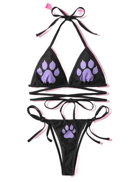 

kawaii paw graphic triangle criss cross halter tie side bikini swimsuit w0ra#, White;black