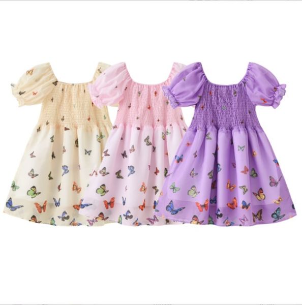 

short sleeve bubble chest closed tricolor dress butterfly printing sweet foreign, Red;yellow