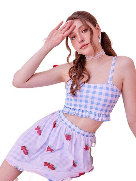 

kawaii 3pack gingham bikini swimsuit & strawberry print beach skirt w1ik#, White;black