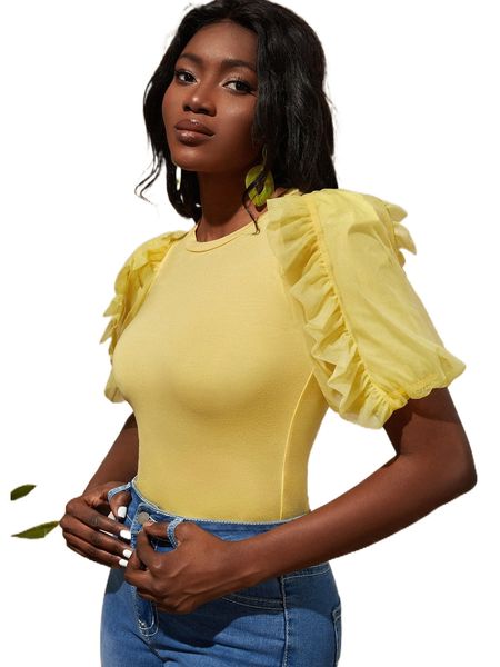 

contrast mesh ruffle puff sleeve tee c2bm#, White