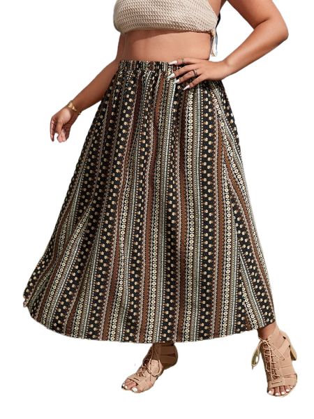 

plus ditsy floral print skirt r0kf#, Black