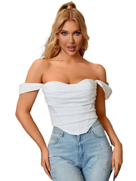 

parthea off shoulder ruched mesh 55k1#, White