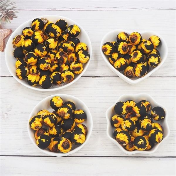

chenkai 50pcs 15mm sunflower print silicone beads baby round shaped beads teething bpa diy sensory chewing toy accessories 220328