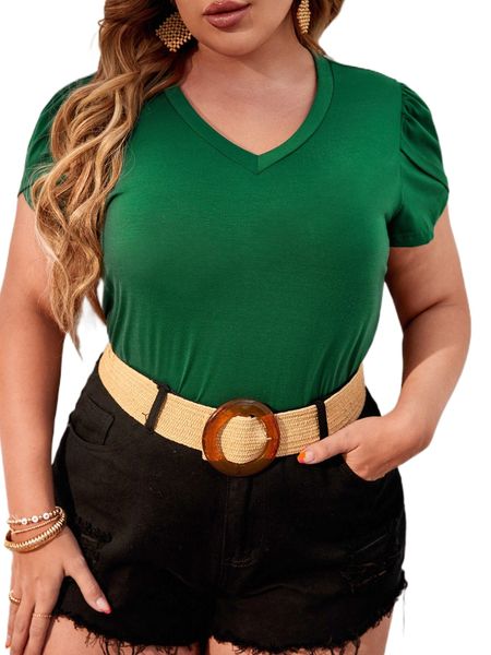 

plus v neck petal sleeve tee k0c3#, Black