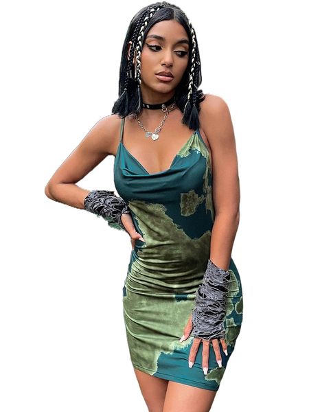 

tie dye draped crisscross backless cami dress u60l#, Black;gray