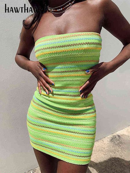 

women fashion strapless striped knitted bodycon green tube mini dress 2022 summer clothes wholesale items for business y220413, Black;gray