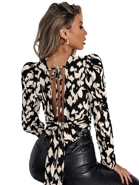 

allover print tie back gigot sleeve blouse f7lj#, White