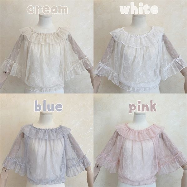 

mesh lolita shirt women summer floral embroidery blouses ladies transparent elegant see-through pink student shirts 210308, White