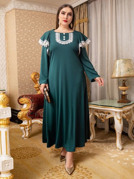 

plus contrast guipure lace fake button ruffle trim tee dress 84oz#, Black