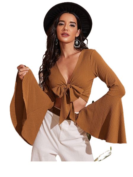 

ribbed trumpet sleeve self-tie crop l1wx#, White