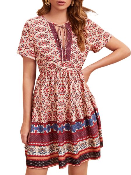 

allover print tie neck dress y36g#, Black;gray