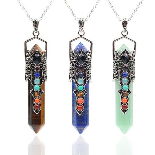 Подвесные ожерелья Reiki 7 Чакра настоящий натуральный каменный ожерелье Большой гексагональный хрустальный муфт опал -тигр для глаз ювелирные украшения