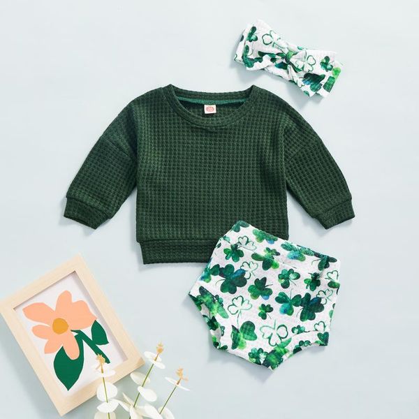 

clothing sets citgeespring st. patrick's day infant baby girl clothes solid color long sleeve shirt clover print shorts clothesclot, White