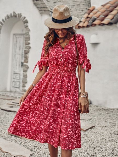 

dalmatian print fake button shirred waist knot cuff dress e7i3#, Black;gray