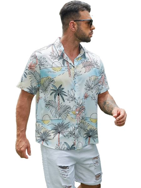 

extended sizes men tropical print button up shirt 59sc#, White;black