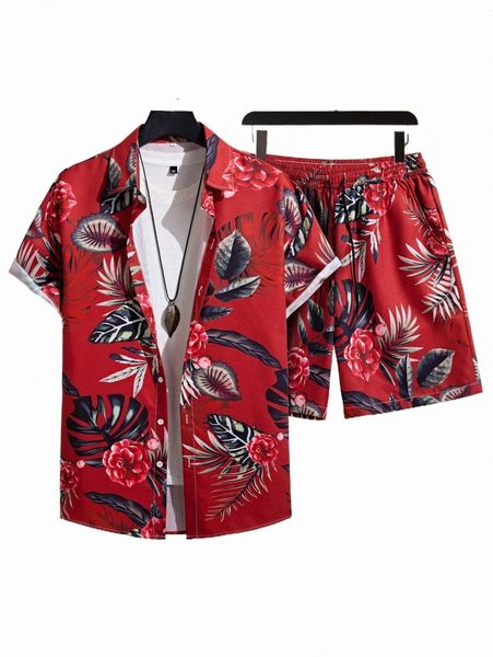 

men random tropical print shirt & drawstring waist shorts without tee f4h2#, Gray