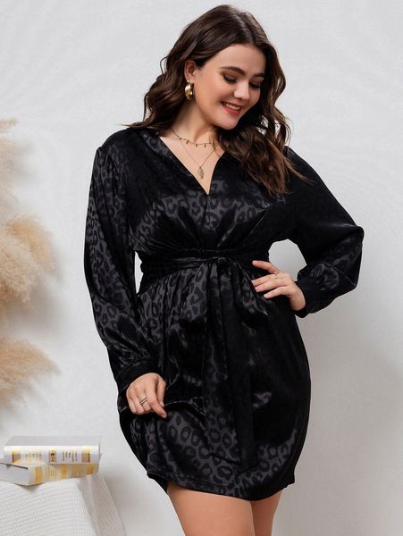 

plus leopard jacquard bishop sleeve belted satin dress s79g#, Black