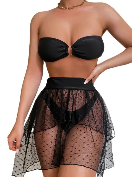 

ring linked bandeau bikini swimsuit with beach skirt 49iv#, White;black