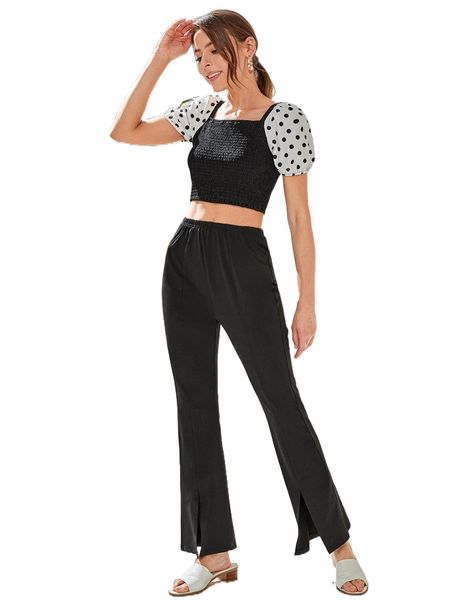 

polka dot puff sleeve crop shirred with split hem pants 81rm#, White