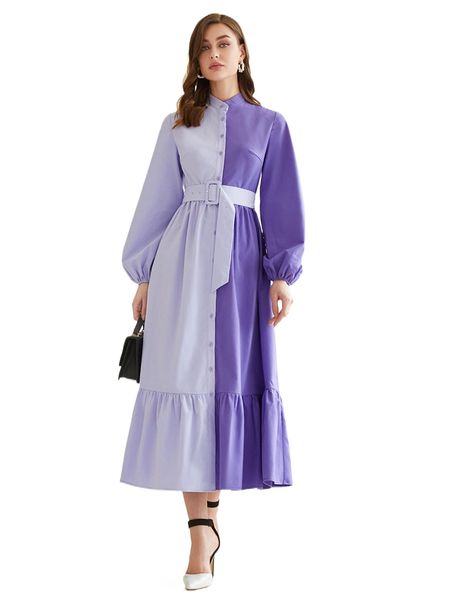 

two tone lantern sleeve ruffle hem buckled belted dress x0xb#, Black;gray