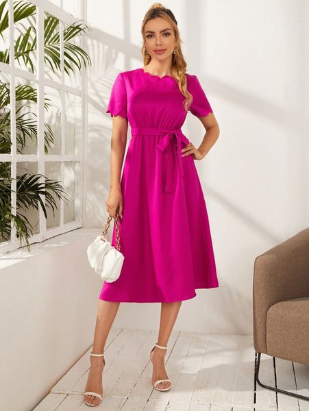 

scallop edge self belted dress r0gp#, Black;gray